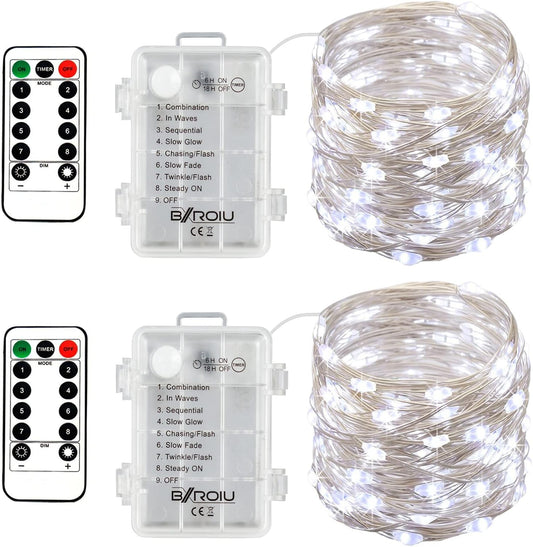 2 x Fairy Lights Battery Operated,Silver Wire Chains 8 Mode 16Ft/5Meter 50 LEDs Timer String Lights with Remote Control for Bedroom Christmas Party Wedding Decoration (Cool White)