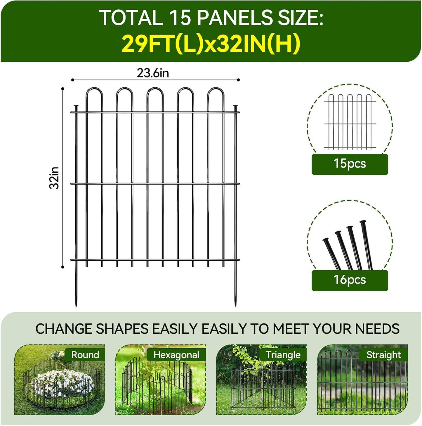 15 Panels Decorative Garden Fence, 32ft X 32in Rustproof Metal Animal Barrier Fence, No Dig Fence Garden Fence, Arched Flower Bed Edging Ornamental Wire Border Fencing for Outdoor Yard, Patio Decor