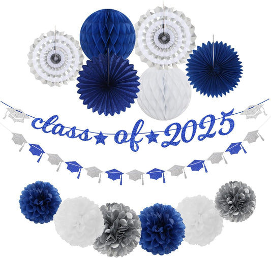 Navy-Blue White-Silver Party-Decoration Graduation Banner - 14pcs Kits Cap Garland Streamers, Royal Paper Tissue Pom Poms Flowers Fans Honeycomb,Class Of 2025 College High School Grad Decor Hugfond