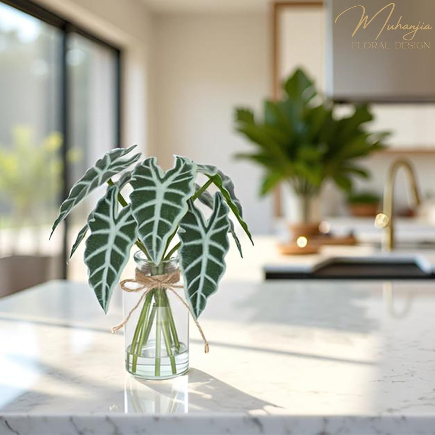 Artificial Flowers Turtle-Back, Alocasia Leaf, in Glass Vase with Faux Water,7Pcs Artificial Leaves Real Touch Latex Leaves for Centerpiece (1, Alocasia Leaf)