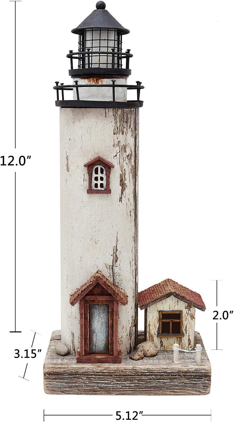 Linfevisi Wood Lighthouse Decor Rustic LED Light House Decor Wooden Decorative Nautical Lighthouse Statue Coastal Beach Themed Lighthouse Handcrafted Tabletop Decoration Home Bathroom (12")