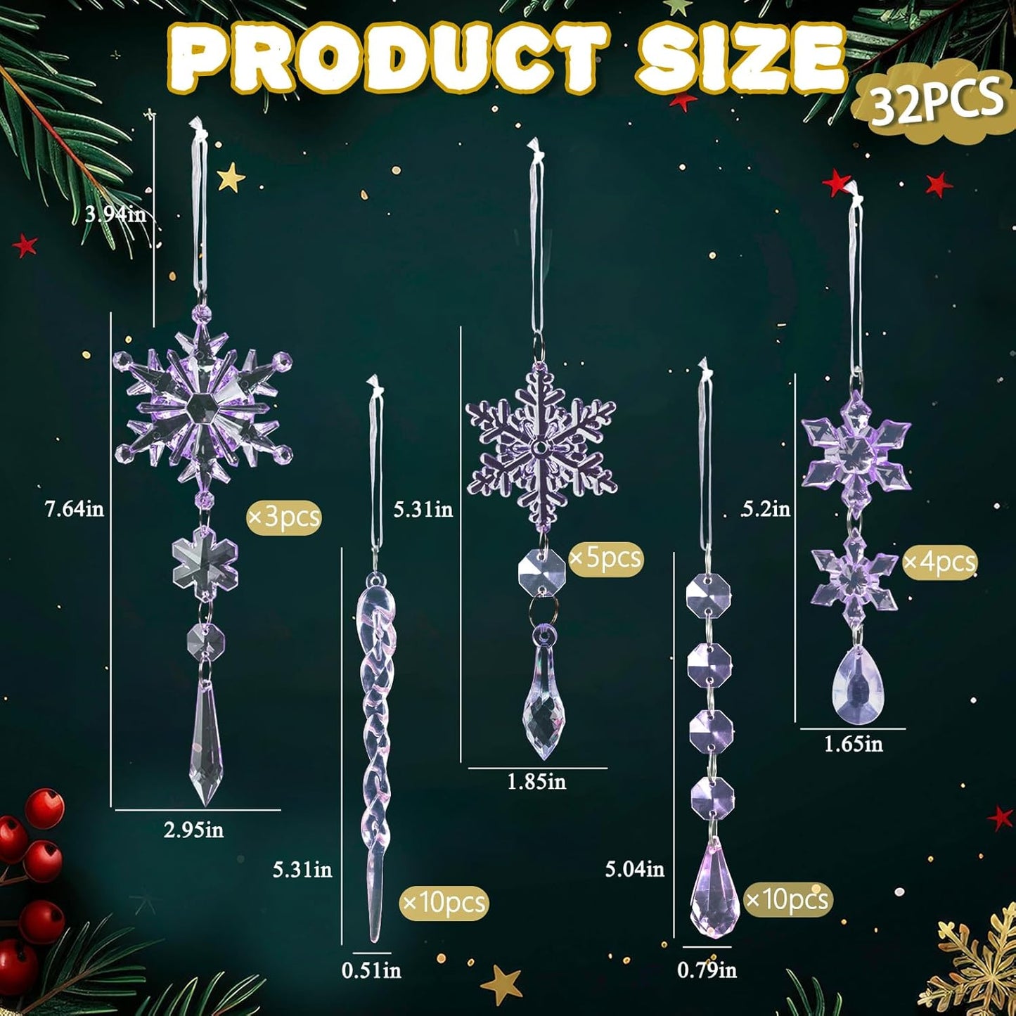 32pcs Crystal Christmas Ornaments for Christmas Tree Decorations-Purple Hanging Acrylic Snowflake and Icicle Ornaments with Drop Pendants for Xmas Winter Wonderland New Year Party Decorations Supplies