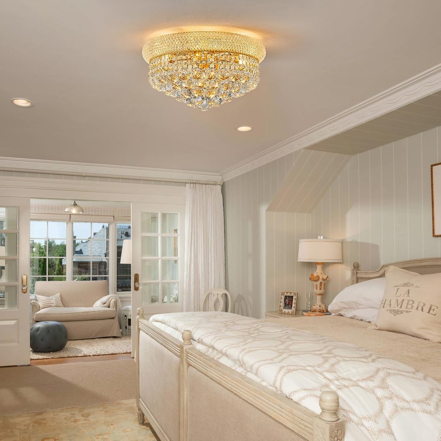 7-Light Crystal Flush Mount Chandelier Ceiling Light Fixture for Living Room Dining Room Bedroom Foyer Entryway Hallway Closet Bathroom (Gold D18)