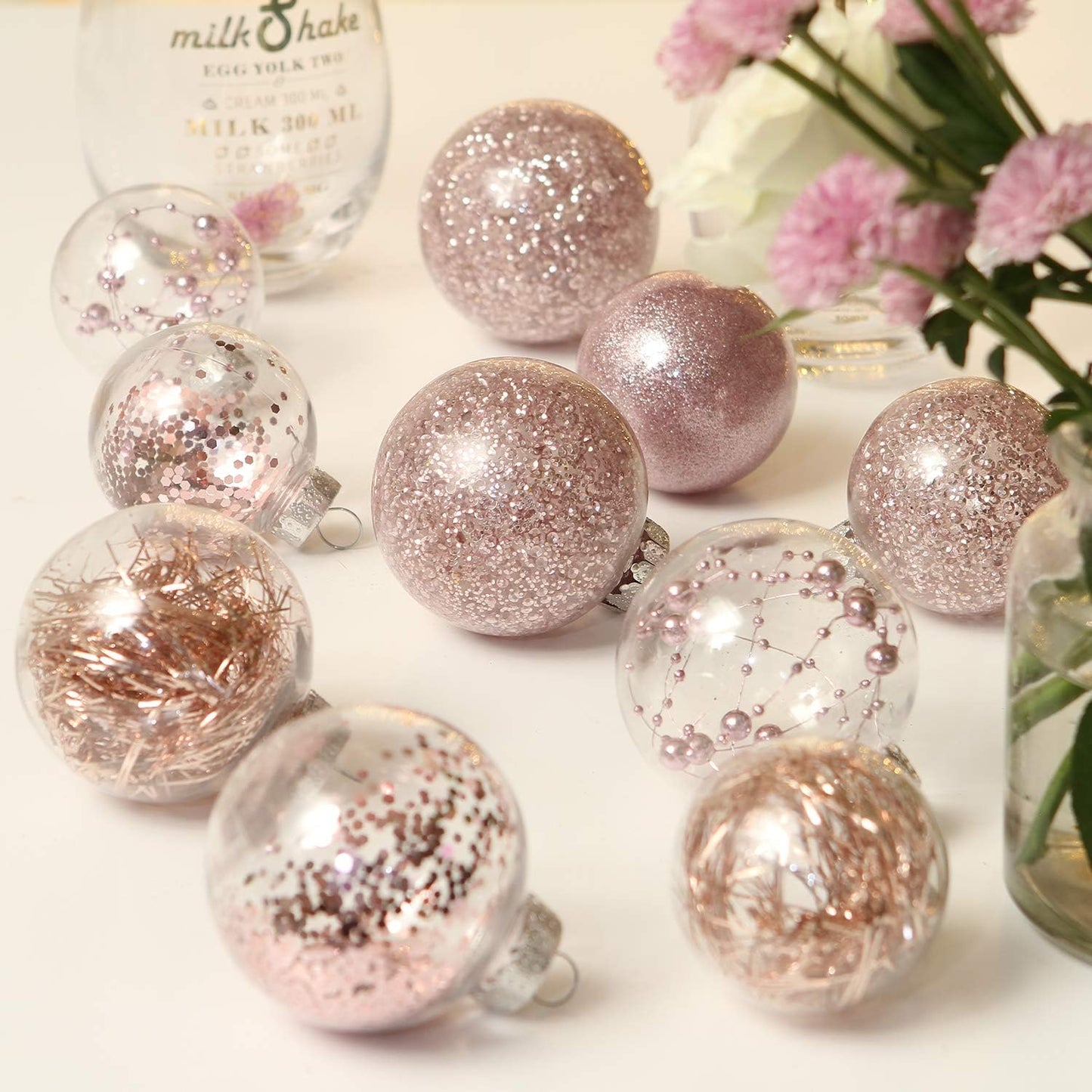 Sea Team Shatterproof Clear Plastic Christmas Ball Ornaments Decorative Xmas Balls Baubles Set with Stuffed Delicate Decorations (60mm/2.36 inch 30-Pack, Pinkish Gold)