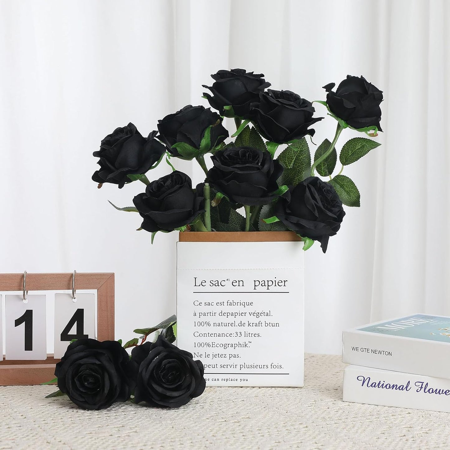 Black Fake Roses Artificial Flowers - 16 Pcs Fake Artificial Roses Silk Flowers with Stems for Home Wedding Hotel Office Centerpiece Decor
