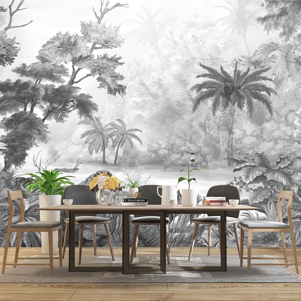 Grey Tropical Rainforest Plant wallpeper Living Room Bedroom Jungle Botanical Wall Mural - 137"x96"（Not Peel and Stick）
