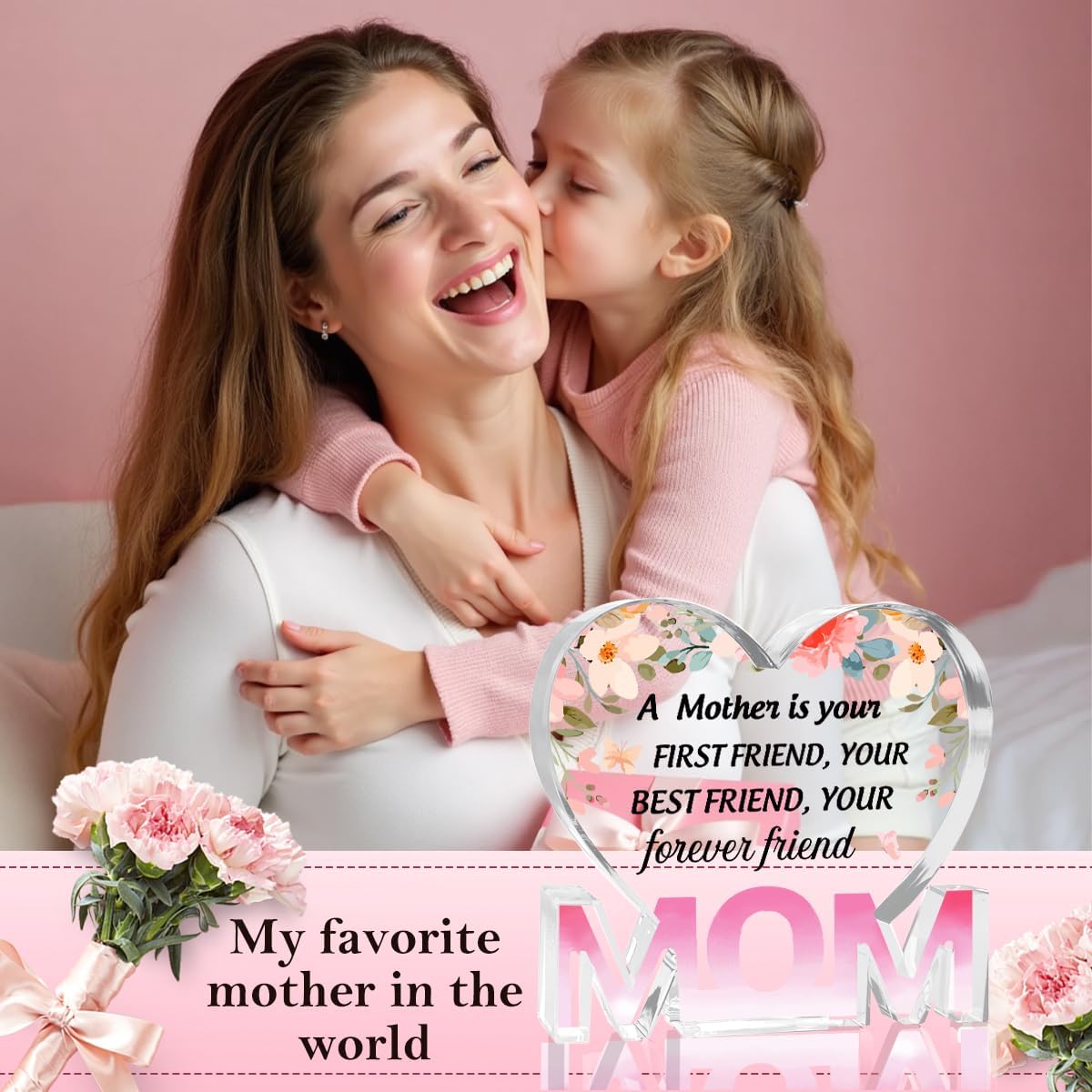 Mothers Day Gifts Best Mom Gifts -Gifts for Mom from Daughter Son - Best Mom Ever Gifts Unique Mother Birthday Acrylic Heart-Shaped Plaque Desk Decorations Present for Mom Christmas Anniversary