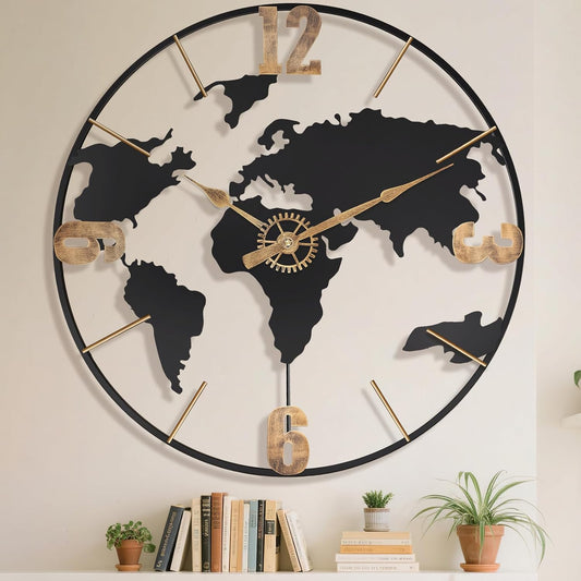 22 Inch Large Wall Clock,Modern Decorative Big World Map with Vintage Gold Arabic Numeral Extra Giant Metal Oversized Wall Clocks for Living Room,Office,Kitchen,Dining Room,Bedroom