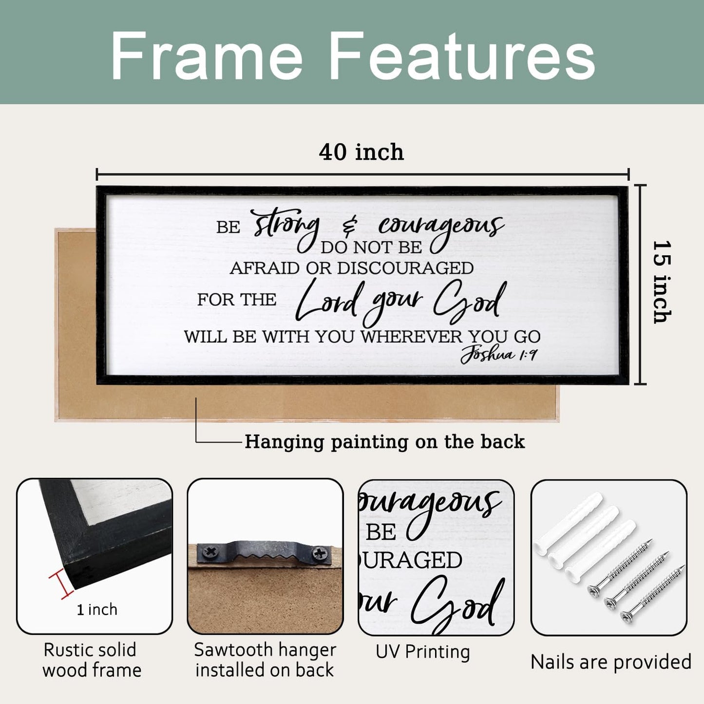 Be Strong And Courageous Sign Bible Verse Framed Wall Art, 40''×15'' Rustic Religious Christian Proverbs 3:5-6 Sign, Horizontal Holy Inspirational Catholic Scripture Decor