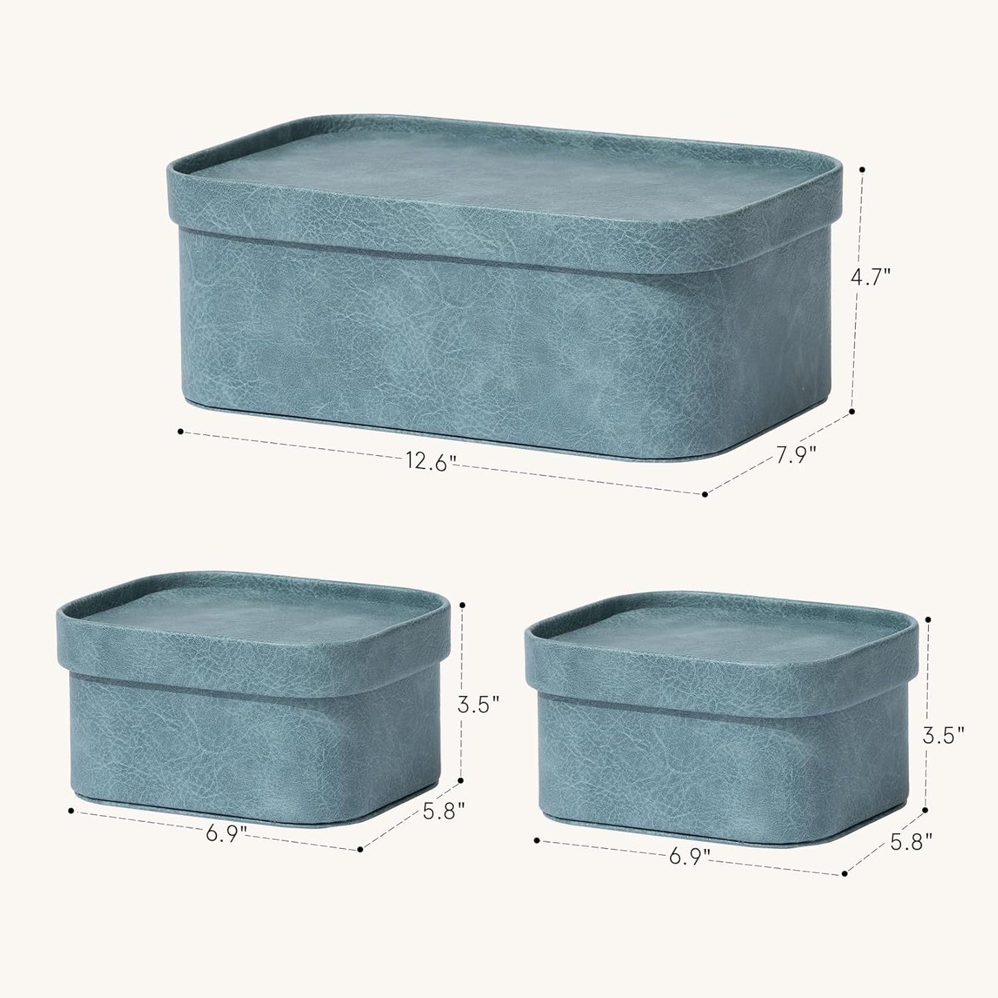 La Jolie Maison Vegan Leather Storage Boxes with Lids, Set of 3 Decorative Storage Containers Organize Stackable Storage Box, Dusty Blue