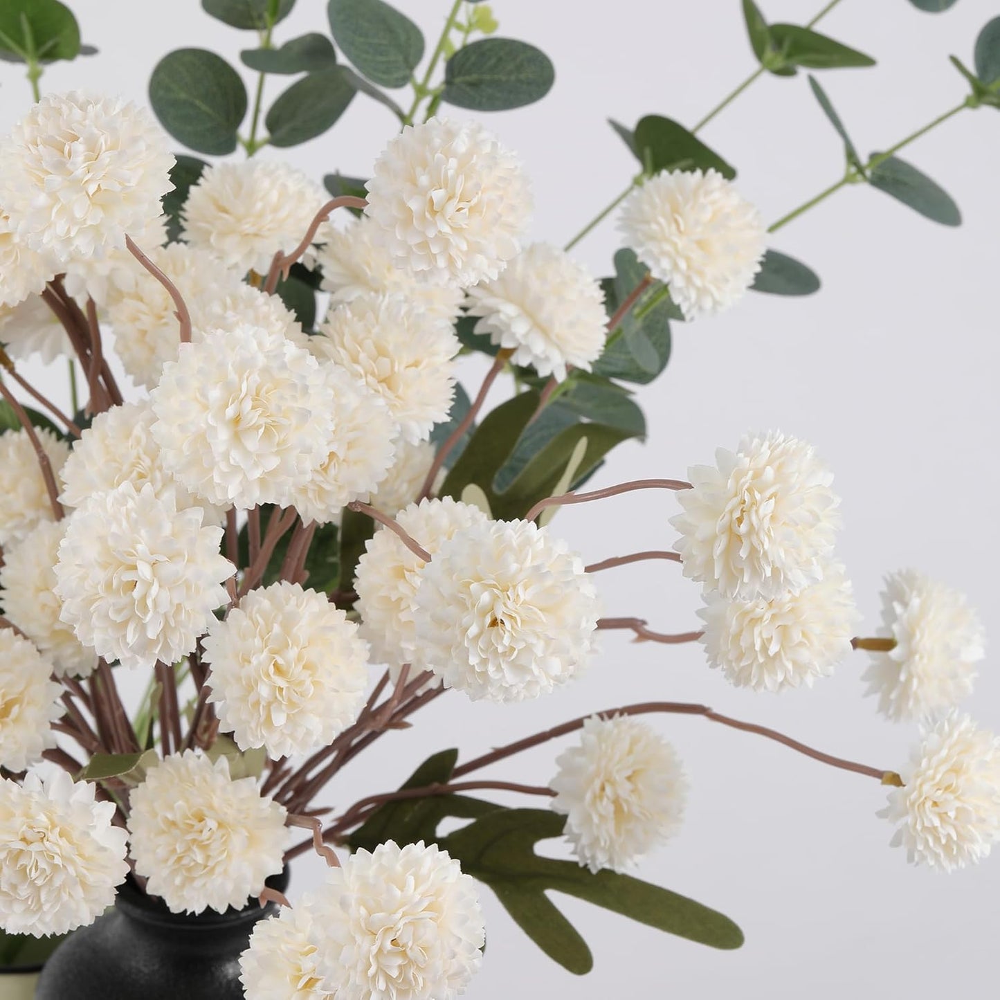 Faux White Kiku Flowers 10 Stems & 2 Eucalyptus, Fake Mums Pompon Flower Ball, Autumn Artificial Chrysanthemums Flowers for Boho Bedroom Decor, Silk Mini Faux Kiku Flower Wedding Arrangements Decor