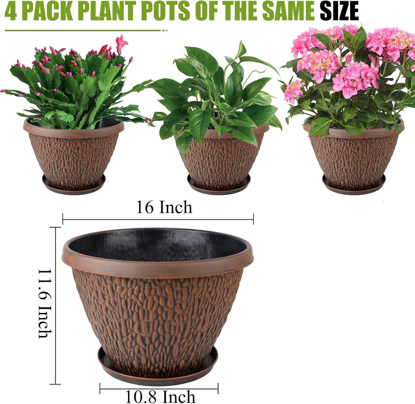 16 Inch Large Outdoor Plant Pot, 4 Pack Thickened Flower Pots with Drainage Holes & Saucer, Pebbles Pattern Design Tree Planters Outdoor for Garden Porch Home