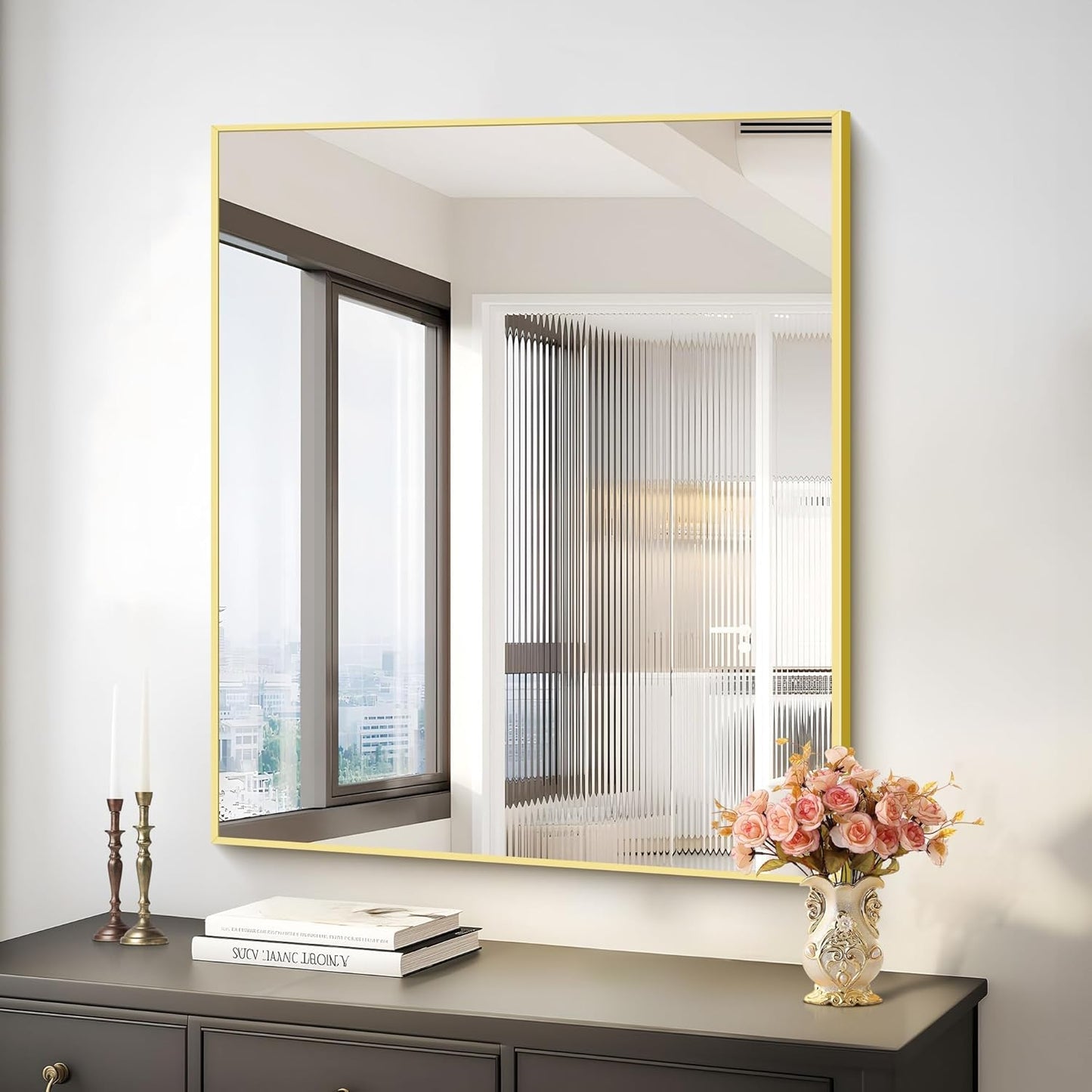 Gold Bathroom Mirror for Wall, 30x36 Inch Rectangle with Metal Frame, Modern Vanity for Bathroom Living Room, Entryway Hangs Horizontal or Vertical
