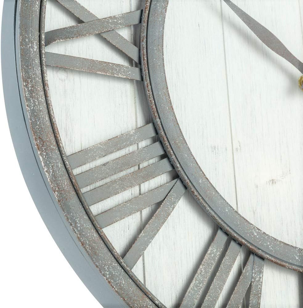 Oldtown Farmhouse Metal & Solid Wood Noiseless Wall Clock (Whitewash, 18-inch)