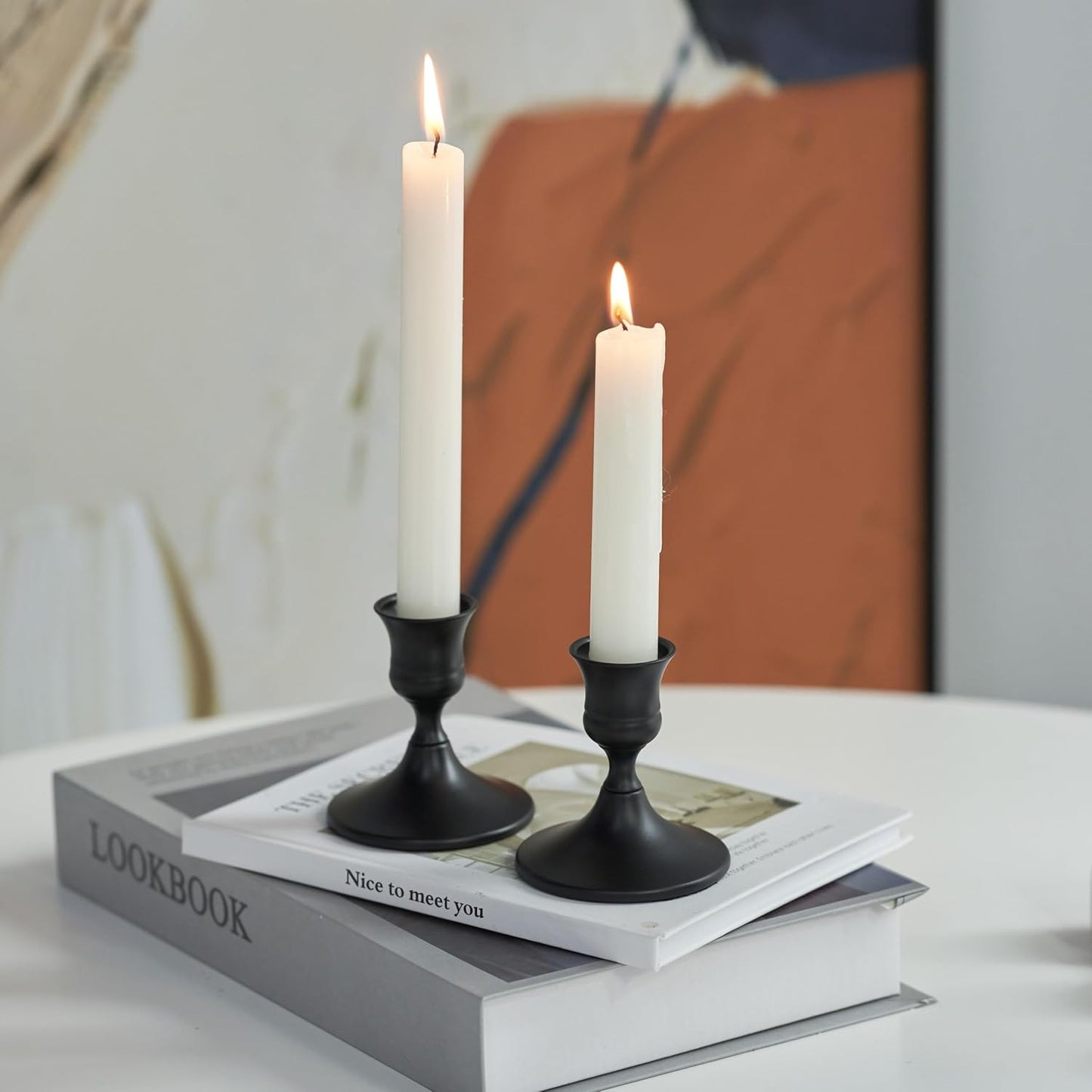 Black Taper Candle Holder, Candlestick Holders, Vintage Metal for Table Centerpieces Wedding Decor (Matte Black, 2 Pcs)