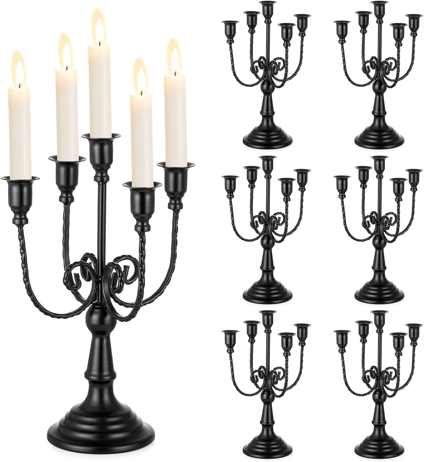 Sziqiqi Candelabra Candles Holder Centerpieces - Black Candlestick Holders Bulk for Halloween Vintage Tabletop Candelabras for Party Events Holiday, 6 Pieces