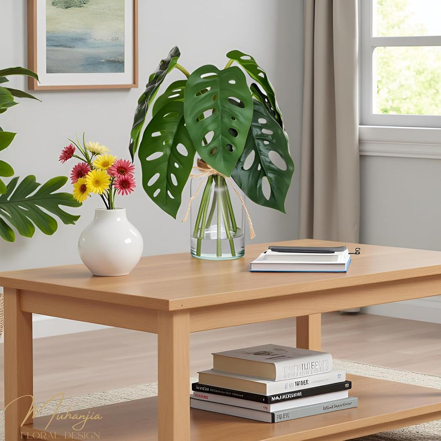 Artificial Flowers Turtle-Back, Alocasia Leaf, in Glass Vase with Faux Water,7Pcs Artificial Leaves Real Touch Latex Leaves for Centerpiece (2, Turtle-Back Leaf)