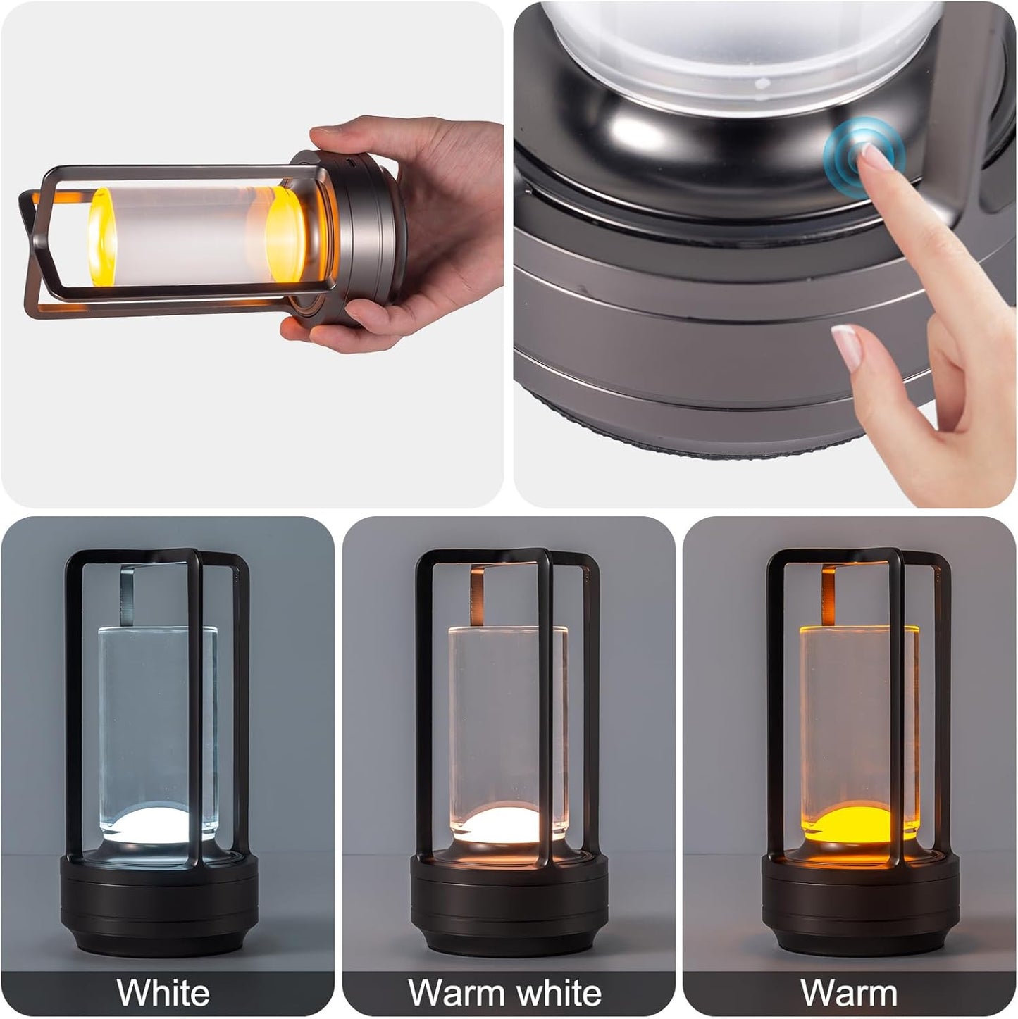 Portable Metal Table Lamp for Indoor/Outdoor ,Rechargeable Cordless LED Lamp, 3-Colour Infinitely Dimming Battery Powered Small Desk Lamp, Restaurant/Bedroom/Bar/Coffee Shop/Camping Light (Grey)