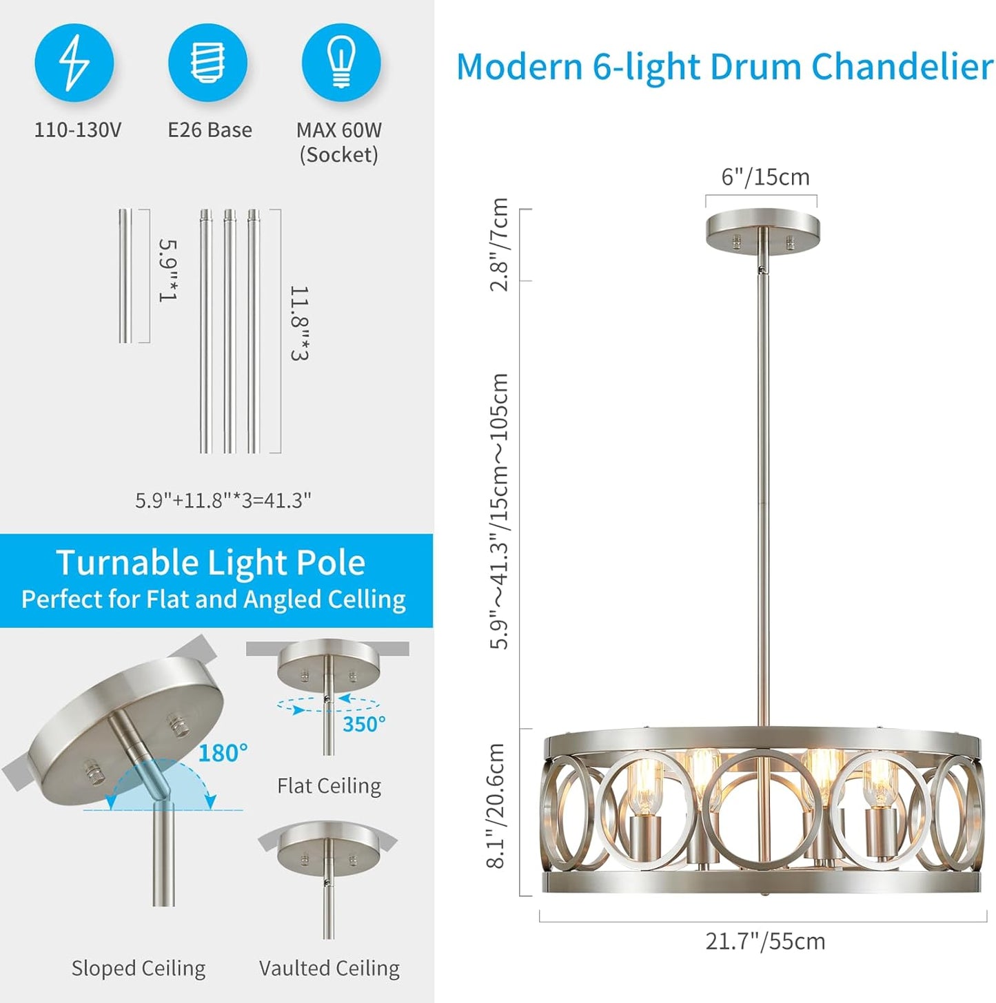 XINGQI 6-Light Modern Farmhouse Chandelier Brushed Nickel, 21.7'' Drum Ceiling Light Fixture for Living Dining Room Over Table with Round Metal Shade Pendant Lighting