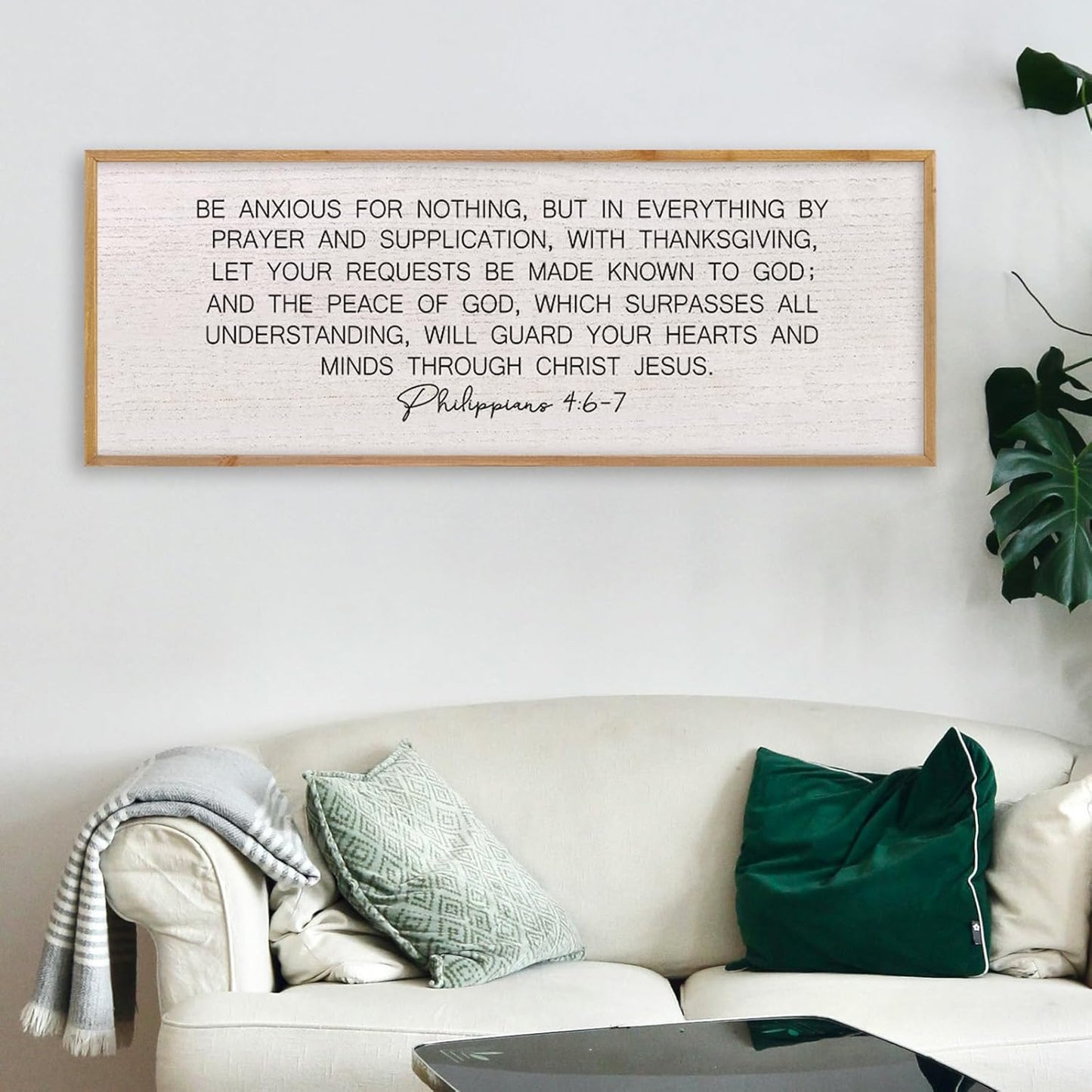 LuZhiQiang Be Anxious for Nothing Wall Decor 32"×12" Philippians 4:6-7 Bible Verse Sign Large Christian Scripture Wood Framed Hanging Decor (Wood)