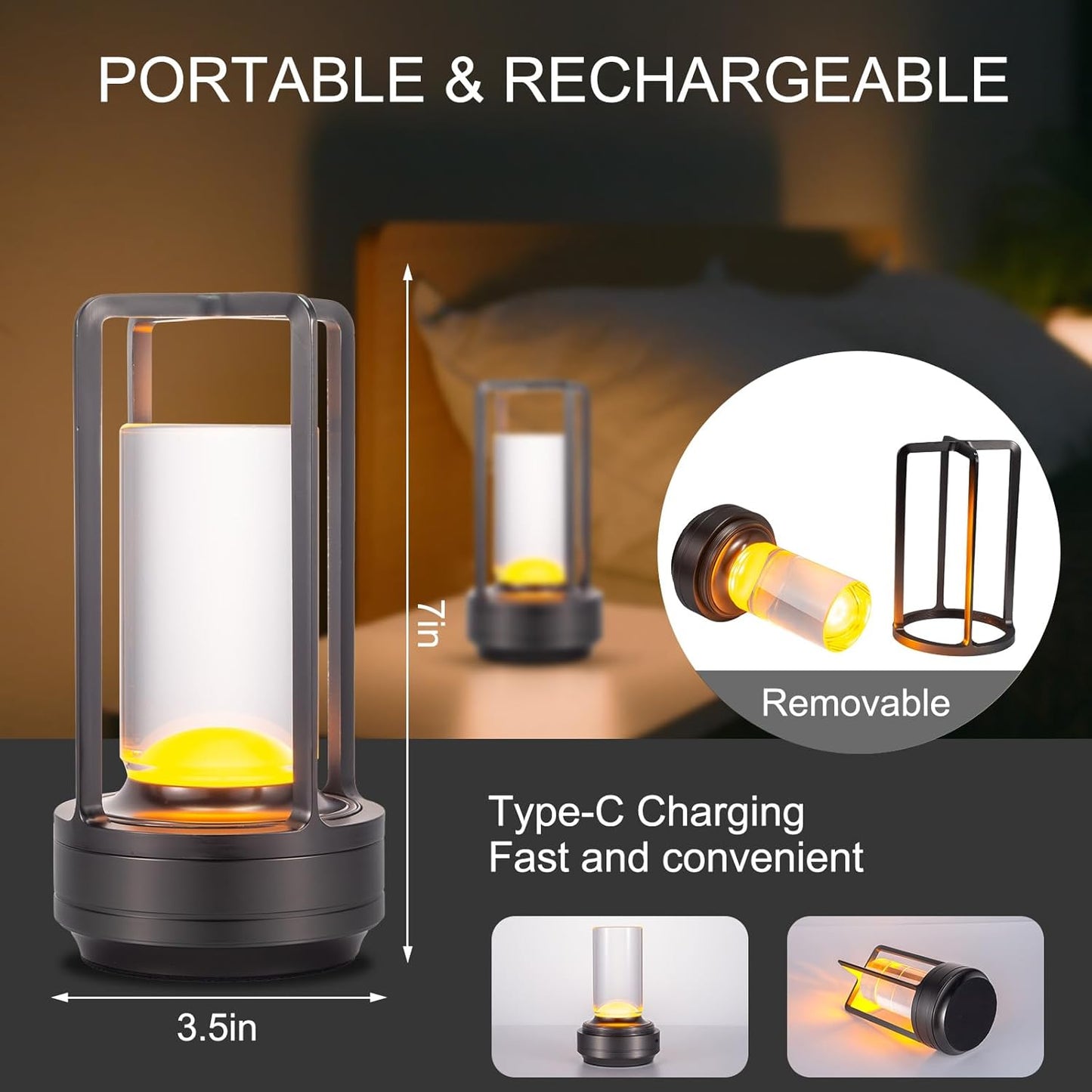 Portable Metal Table Lamp for Indoor/Outdoor ,Rechargeable Cordless LED Lamp, 3-Colour Infinitely Dimming Battery Powered Small Desk Lamp, Restaurant/Bedroom/Bar/Coffee Shop/Camping Light (Grey)