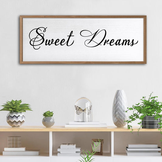 Sweet Dreams Wall Decor Above Bed 32x12 Inch Large Master Bedroom Hanging Wood Rustic Framed Farmhouse Sweet Dreams Sign Guest Room Aesthetic And Minimalist Over Bed Wall Art（Wood White）