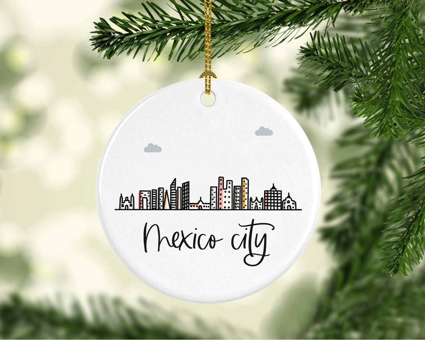 Andaz Press Round Ceramic Porcelain Christmas Tree Ornament Keepsake Gift, Mexico City, Colorful International City Skyline Graphic, 1-Pack, Birthday Family Coworker Him Her, Gift Box