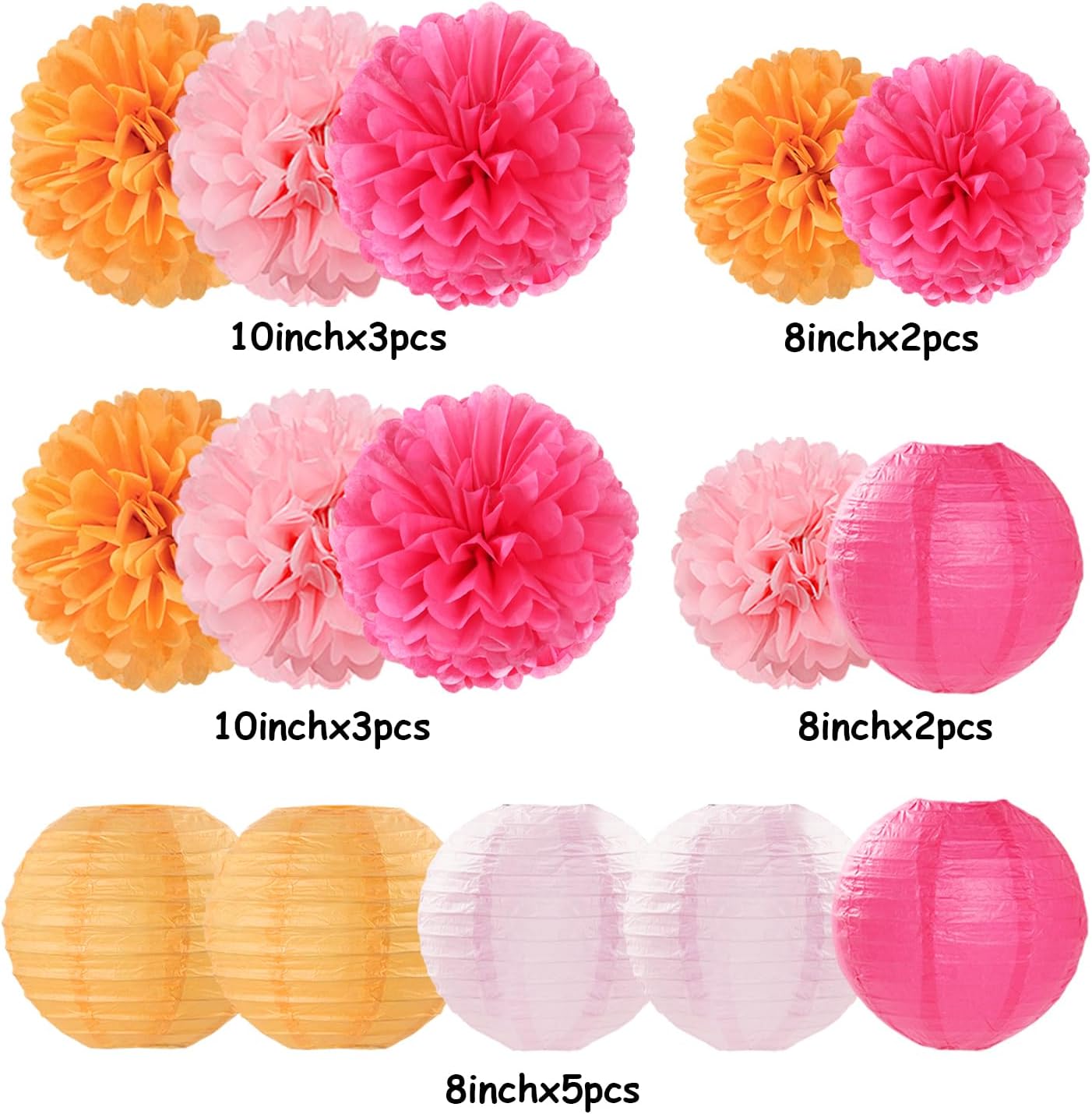 Pink-Orange Party-Decorations Paper-Flowers Lanterns - 15PCS Fall Wedding Birthday Tissue Pom Poms Streamers, Boho Baby Bridal Shower Graduation Sunset Hanging Supplies Decor Hugfond