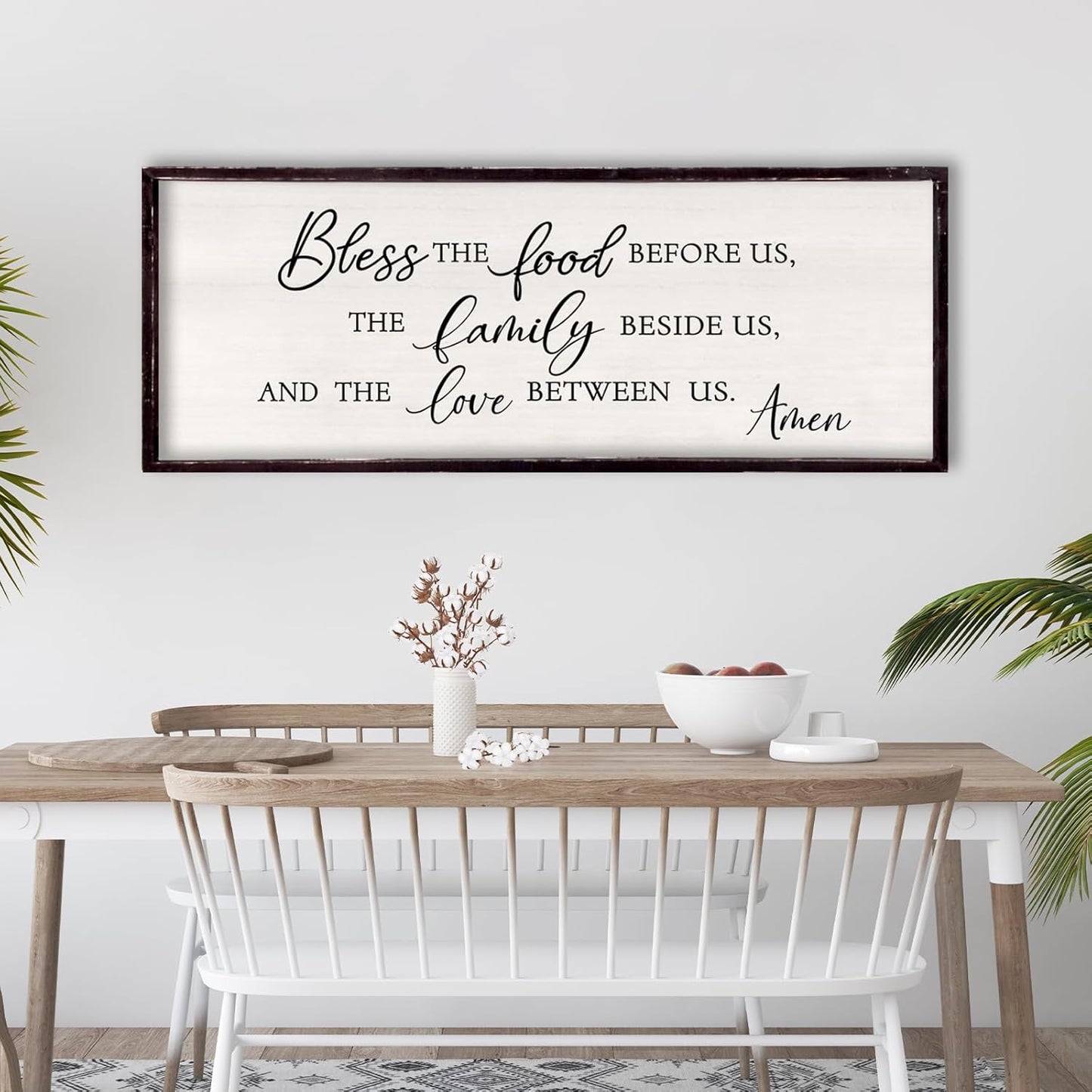 Bless the Food Before Us, the Family Beside Us, and the Love between us Framed Wall Art for Christian God Jesus Christ Prayer, 32''×12'' Positive Holy Religious Rustic Bible Verse for Dining Room