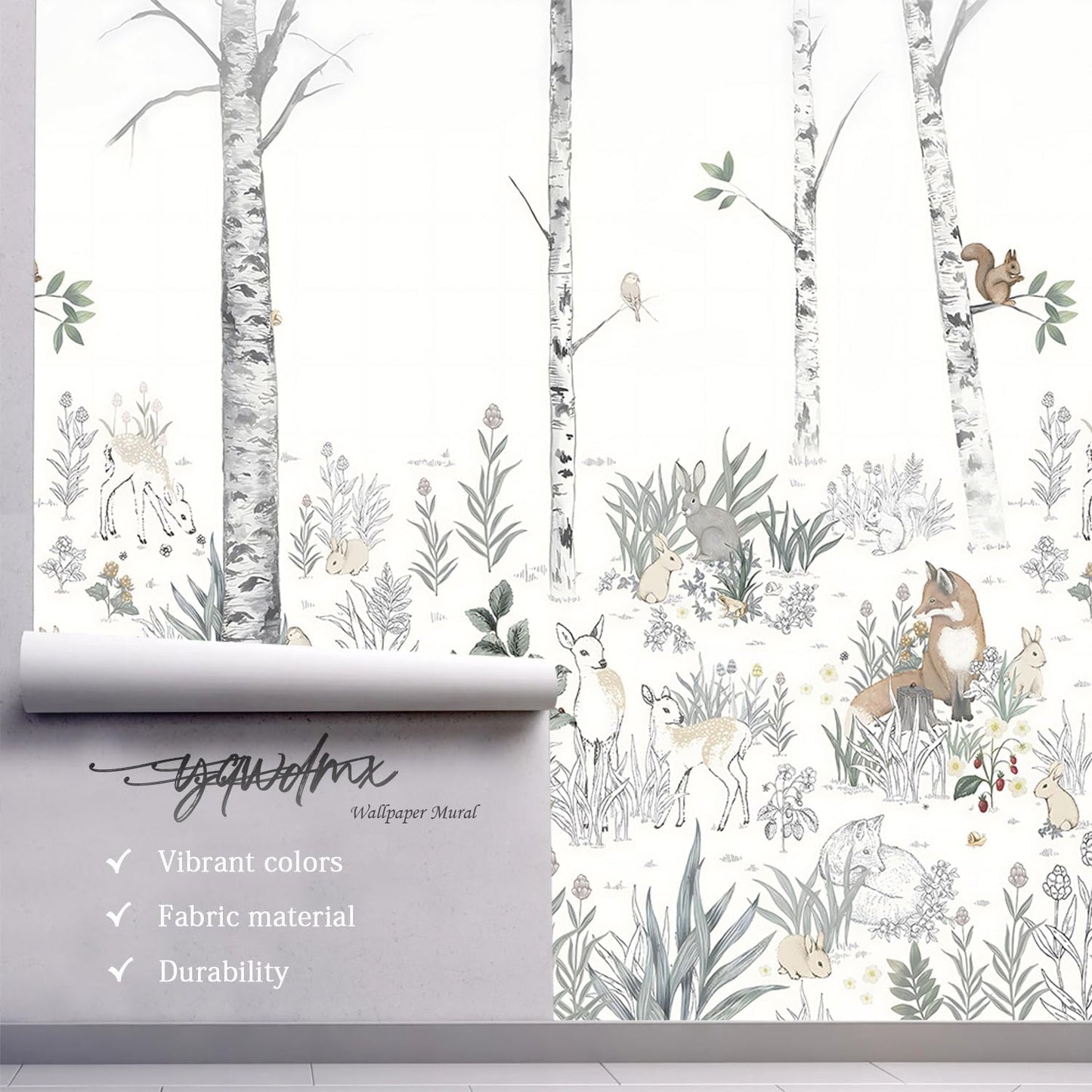 -Nursery Cartoon Woods Hand-Painted Animal Wallpaper Children's Room XT10 M 140" x 91"