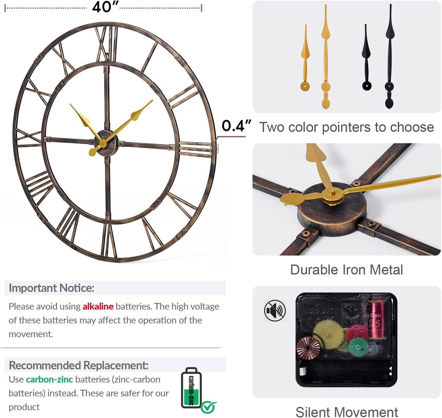 Large Wall Clock for Living Room Decor – 40 Inch Silent Non-Ticking Modern Farmhouse Wall Clock, Oversized Decorative Metal Roman Numeral Clock, Bronze