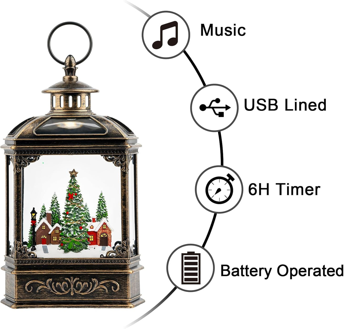 Christmas Snow Globe Lantern Water Glittering Xmas Village with Music & Timer, USB Lined/Battery Operated Lighted Lantern for Christmas Festival Decoration Gifts