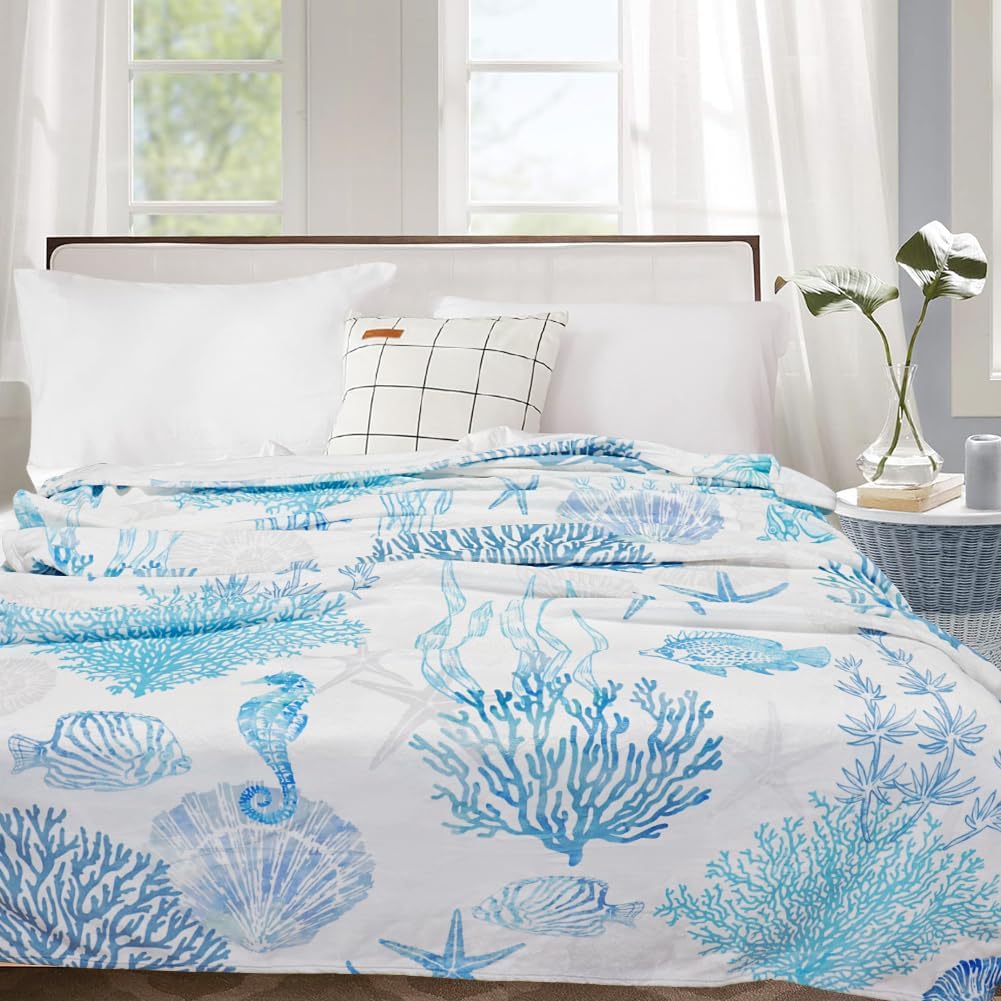 Blue Ocean Beach Throw Blanket Nautical Coastal Bed Blanket Starfish Seashell Coral Blankets Super Soft Flannel Fleece Throw Blanket for Couch Bed Decor “50 x60”