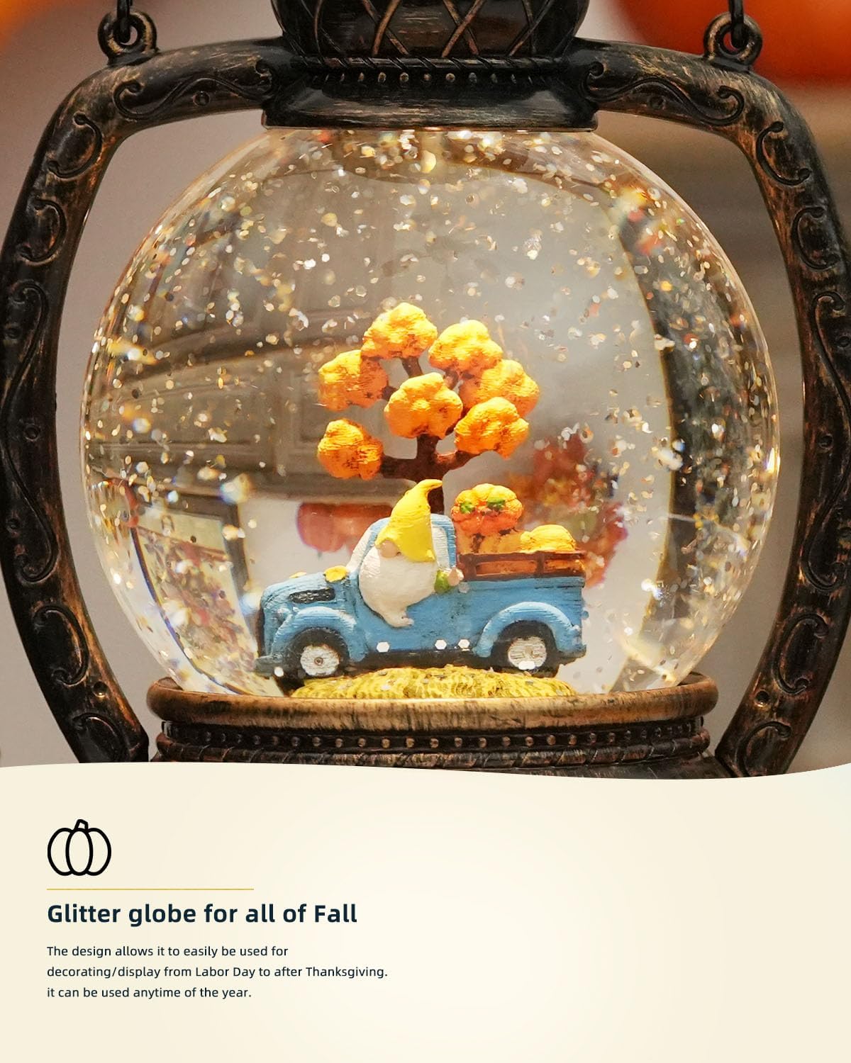 Fall Snow Globes, Blue Truck Pumpkin and Gnome Scene Snow Globes, Glittering Lantern with Timer, Snow Globe Lantern USB or Battery Powered for Fall Festival Thanksgiving Day Decor