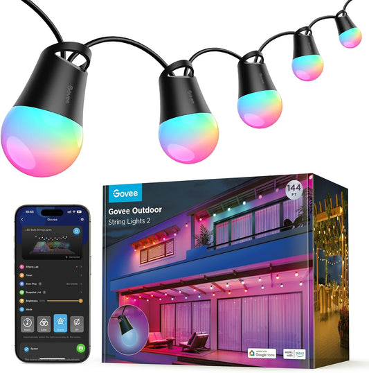 Govee Smart Outdoor String Lights 2, 144ft Outdoor Lights with Dimmable Warm White LED Bulbs, 47 Scene Modes for Patio, Backyard, Balcony, IP65 Waterproof, Works with Alexa, App Control