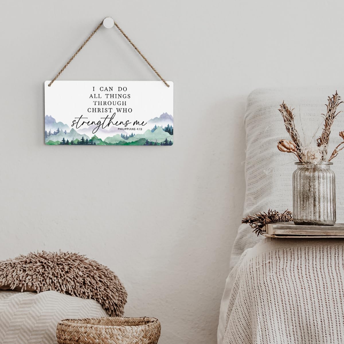 SENJIAN Christian Decor Bible Verse Wall Decor, I Can Do All Things Through Christ, Modern Farmhouse Sign Scripture Printed Wood Sign Wall Art Religious Decoration for Home Office Bathroom Bedroom