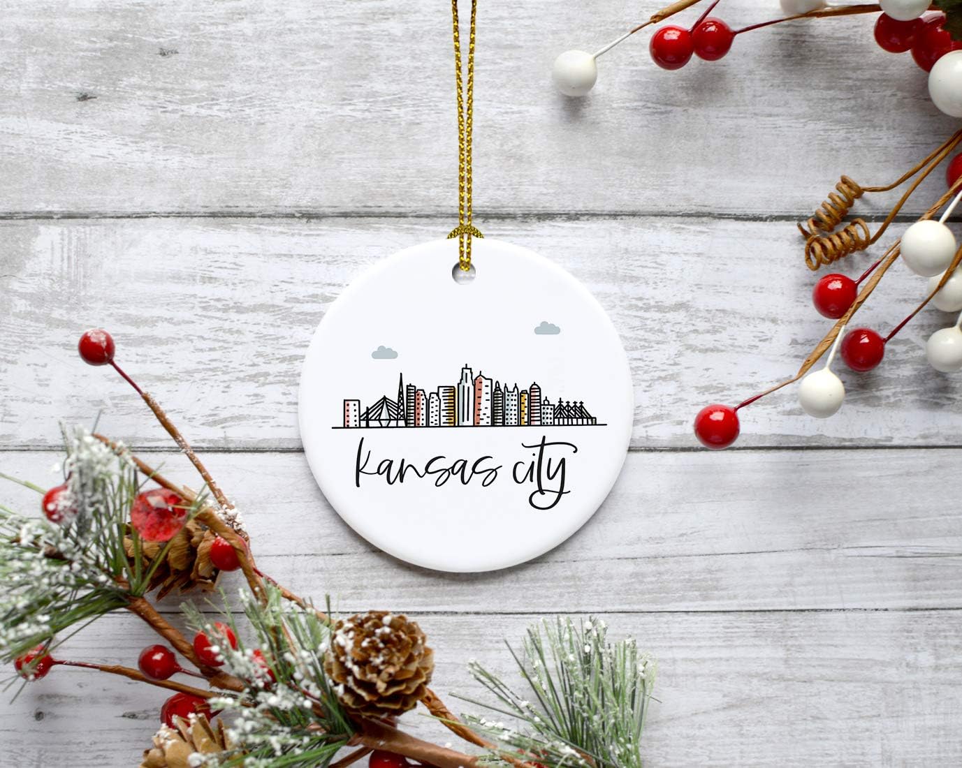 Andaz Press Round Ceramic Porcelain Christmas Tree Ornament, Colorful Kansas City Skyline 1-Pack, Birthday & for Family & Coworkers, Includes Box