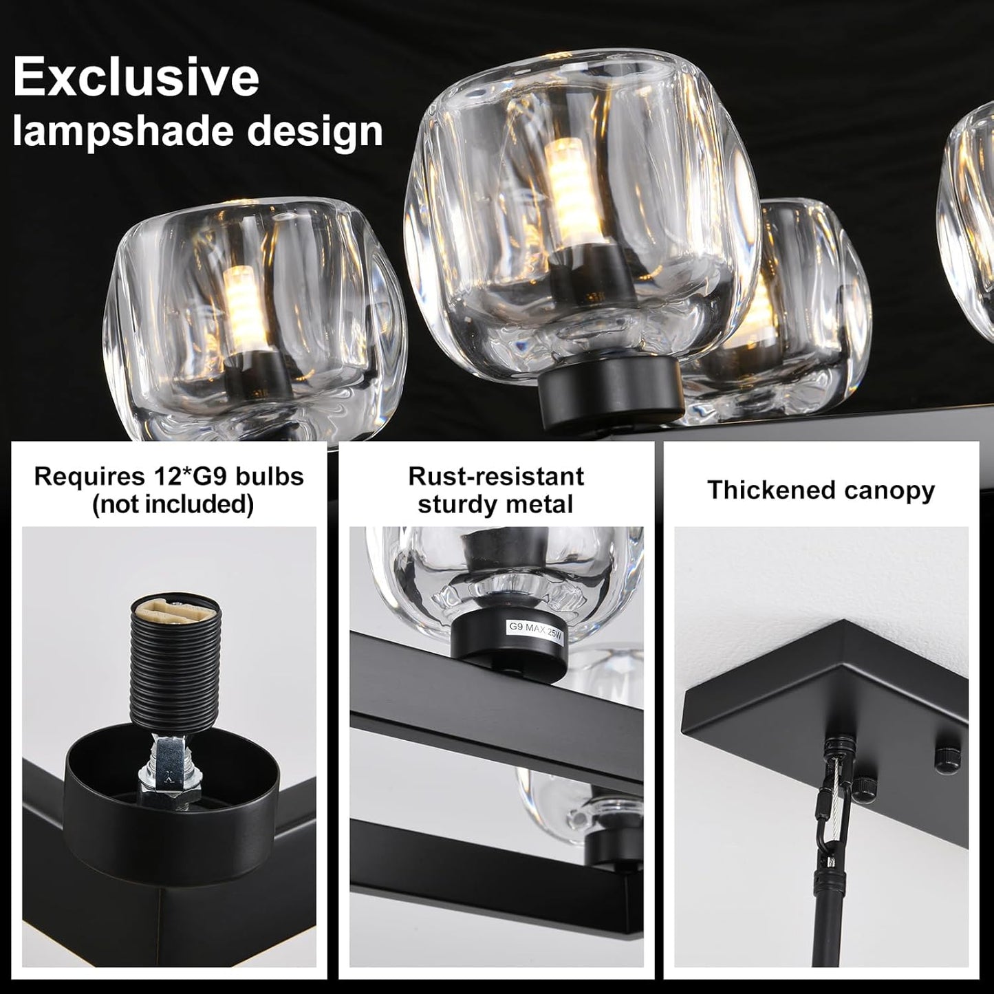 59 Inch Black Rectangle Wagon Wheel Chandeliers, Black Chandelier for Dining Room Over Table, Modern Crystal Long Chandelier, Farmhouse Large Linear Chandeliers for Kitchen Island