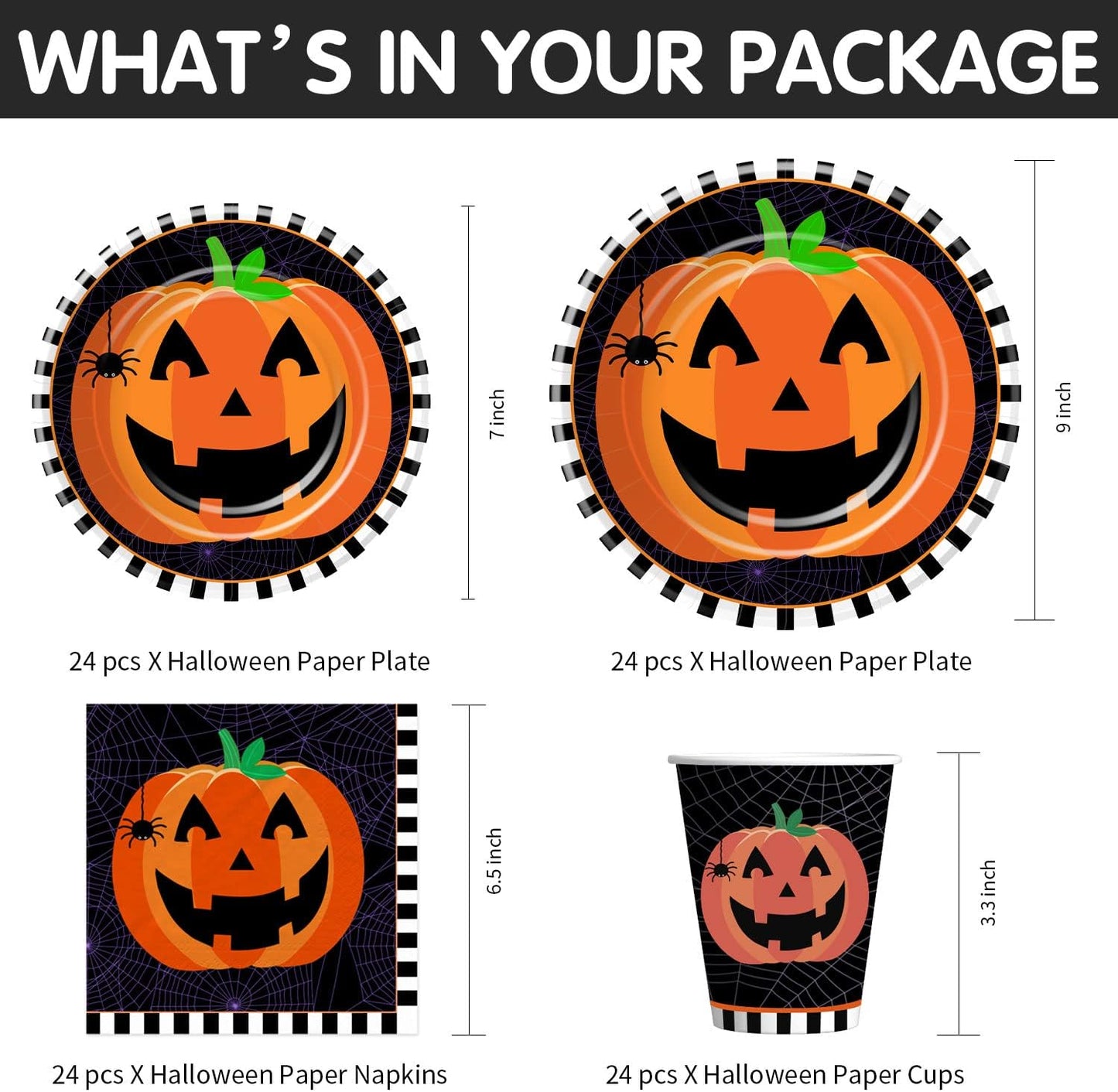 Halloween Plates and Napkins Party Supplies, Pumpkin Halloween Party Decorations Tableware, Pumpkin Paper Plate, Cup, Napkin, Tablecloth, Disposable Cutlery, Serves 24