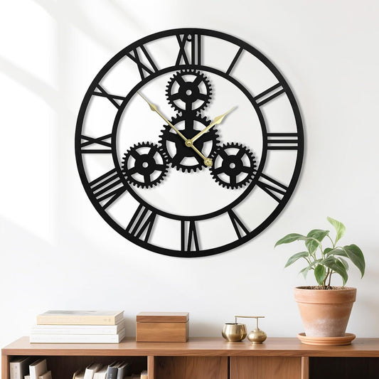 20inchesWall Clocks for Living Room Deco Metal Non Ticking Silent Battery Operated Roman Numeral Oversized Gear Wall Clocks for Bedroom Kitchen Fireplace Office Farmhouse
