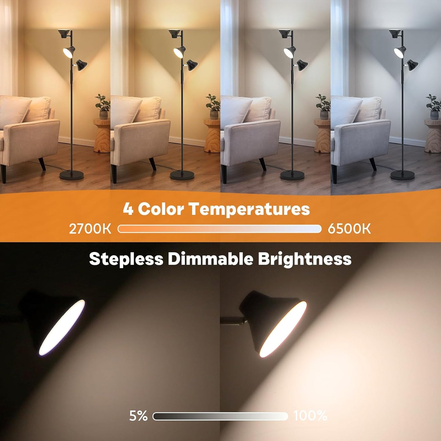 LED Floor Lamp, 36W Modern Floor Lamp with Remote & Touch Control, 4 Color Temperatures, Standing Lamp with 3 Rotatable Lights, Floor Lamps for Living Room, Bedroom, Office