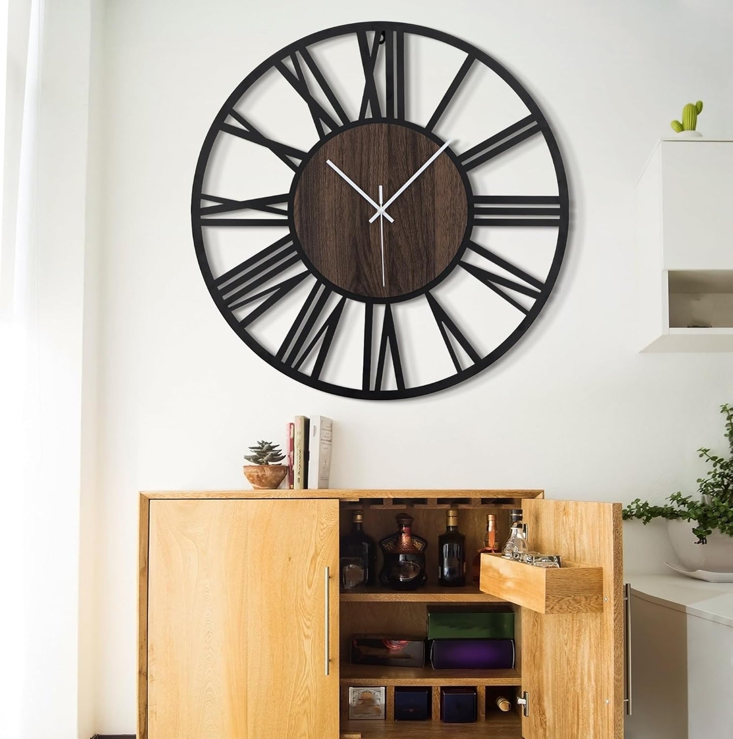 LEIKE 30" Oversized Large Wall Clocks,Silent,Non Ticking,Battery Operated Modern Round Big Wood Decorative Metal Wall Clock for Living Room, Bedroom,Kitchen,Farmhouse,Office Decor - Black,30 Inch