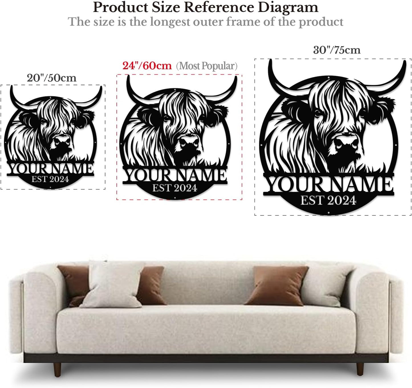 Personalized Highland Cow Name metal Signs,Custom Highland Cow Metal Shed Wall Decor,Black Metal Wall Art Plaques Outdoor wall Decorative Signage (Style F)