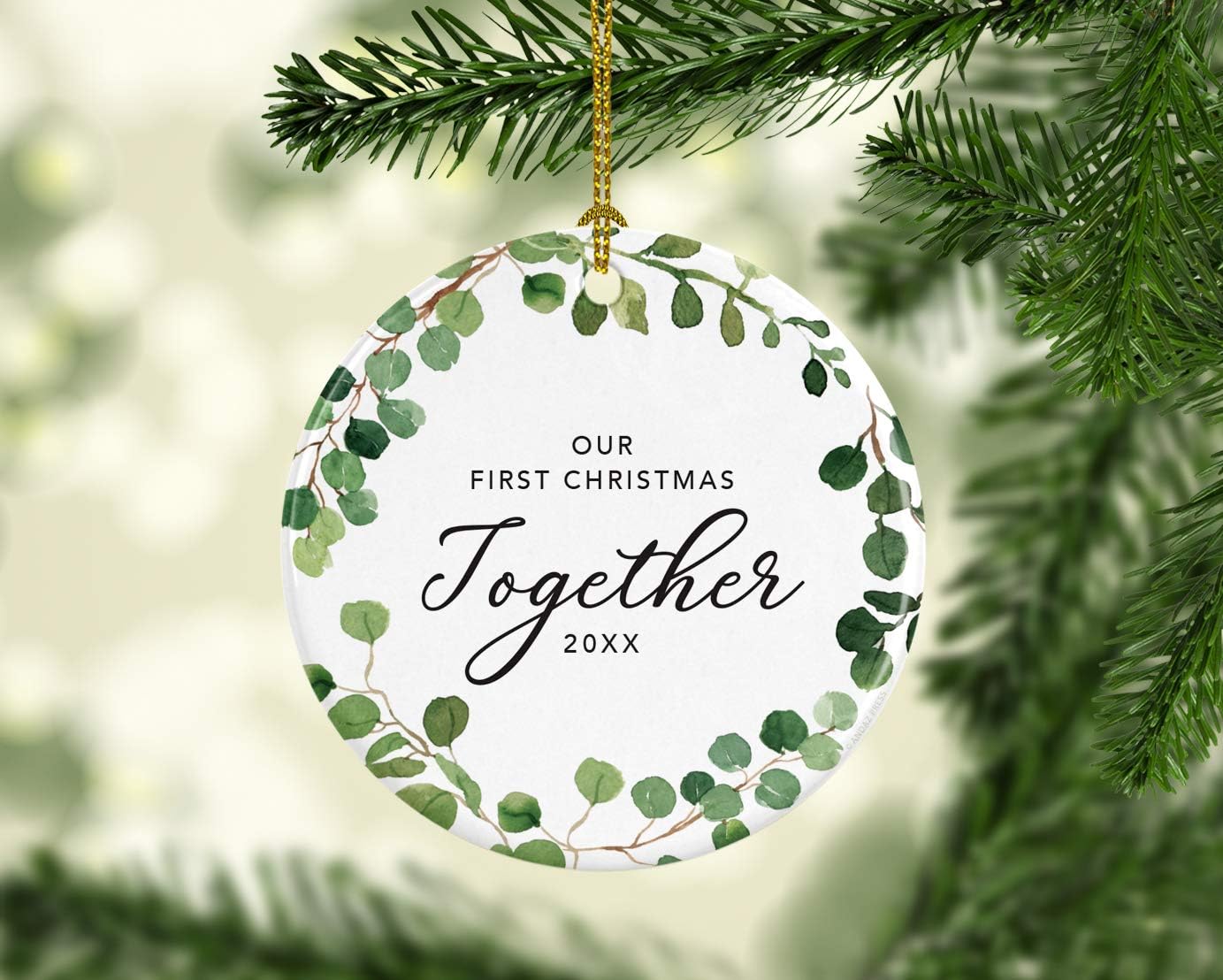 Andaz Press Custom Year Round Ceramic Porcelain Christmas Tree Ornament Keepsake Collectible Gift, Our First Christmas Together 2025, Farmhouse Eucalyptus Wreath, 1-Pack