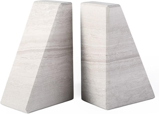 Marble Book Ends for Heavy Books, Decorative Bookends for Shelves, Durable and Heavy-Duty Bookends for Hardback Book & CDS, Off-White Unique Books Stopper & Holder, Set of 2