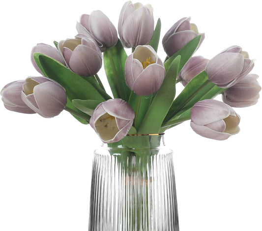 Light Purple Artificial Tulips, 2 Bundles 14Pcs, Fake Tulips Artificial Flowers, 2 x 2.4 Inch Large Flower Head Big Tulip, Easter Valentine's Day Mother's Day Home Decoration Flowers
