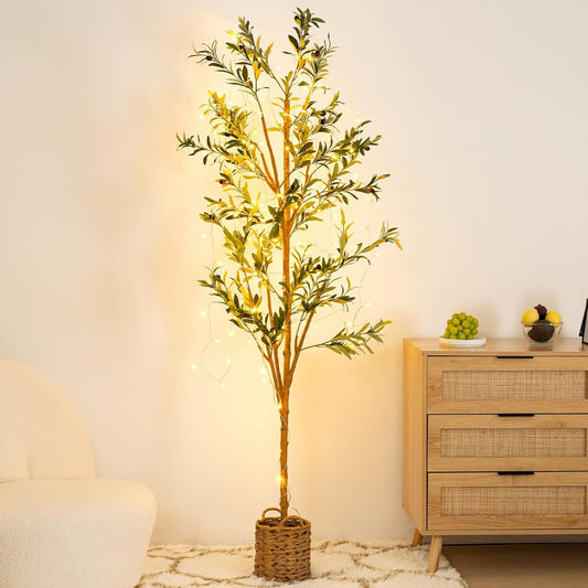 6ft Artificial Olive Tree with LED Fairy Lights, Tall Faux Potted Plant with Woven Basket - Natural Wooden Trunk & Lifelike Leaves & Fruits for Indoor Home Office Foyer Decor Housewarming Gift