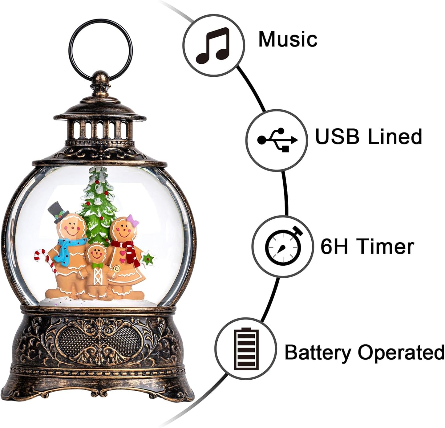 Christmas Snow Globe Lantern Water Glittering Gingerbread Family with Music& Timer, USB Lined/Battery Operated Lighted Lantern for Christmas Festival Decoration Gifts