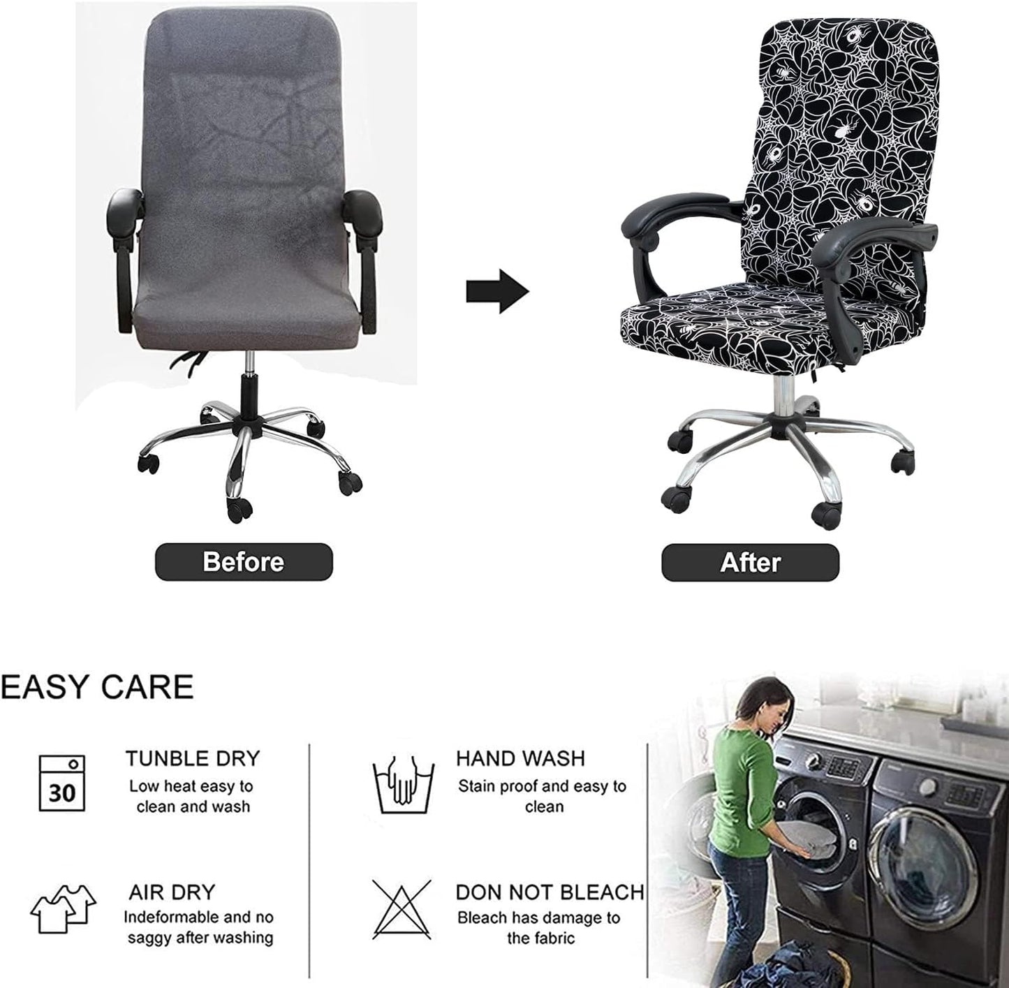 Halloween Office Chair Covers Gothic Spider Web Spooky Spider on Black Horror Theme Print Stretchable Slipcover for Modern Simplism Style High Back Boss Chair (No Chair)(Halloween02, L)…