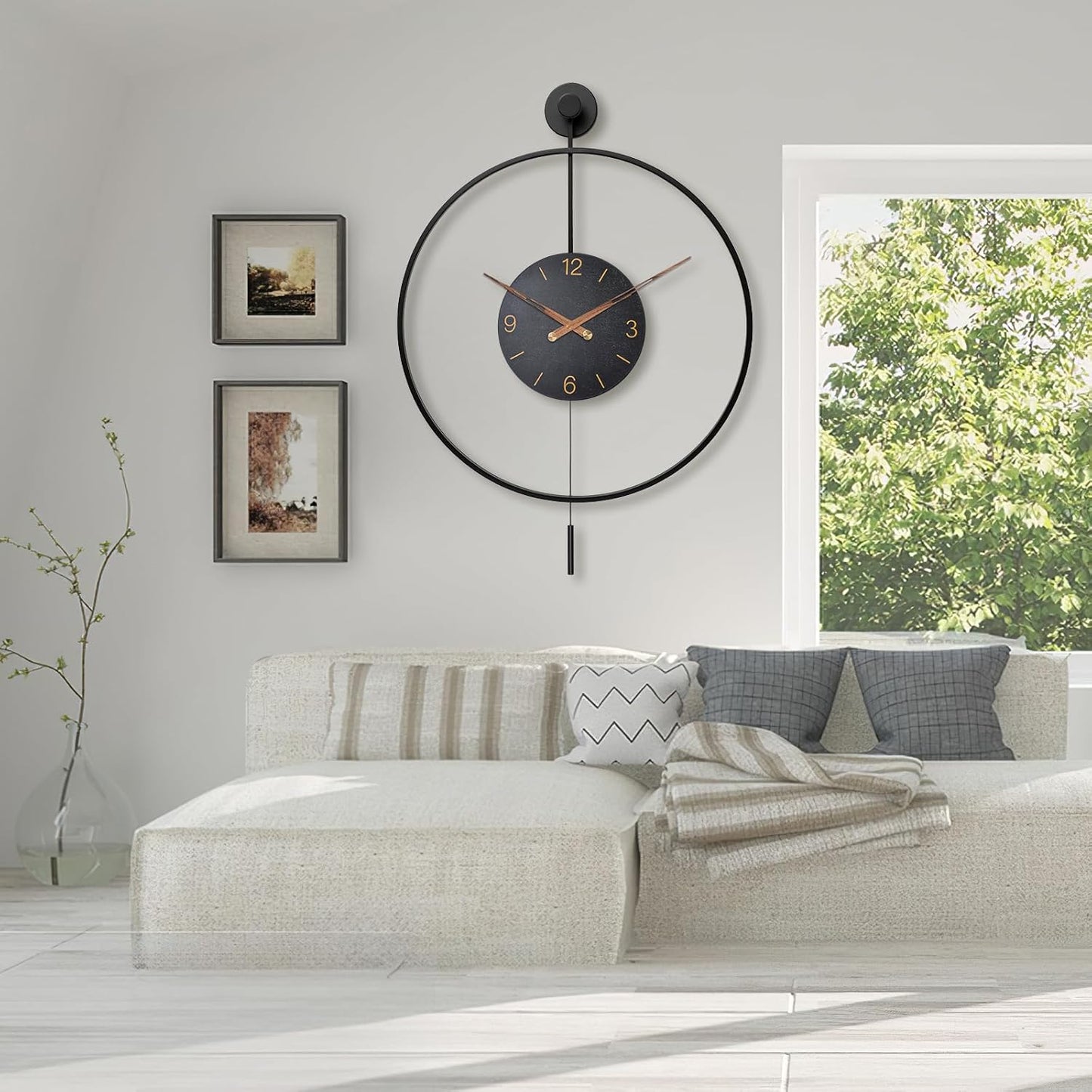 Large Modern Wall Clock,30.7× 20 Inch Big Metal Minimalist Arabic Numeral Dial,Decorative Farmhouse Pendulum Wall Clocks with Walnut Pointers forLiving Room Decor, Office,Dining Room